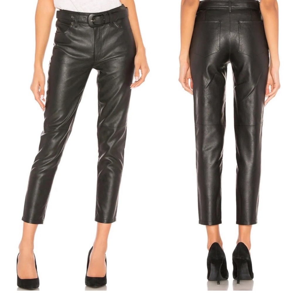 Free People Black Belted Vegan Faux Leather Skinny Ankle Crop Pant Women's Sz 26